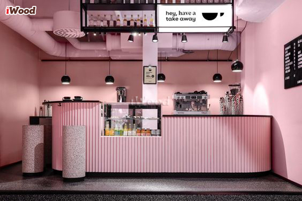 Quầy cafe tiếp tân sơn màu yêu thích với tấm ốp than tre iWood sang trọng 2026