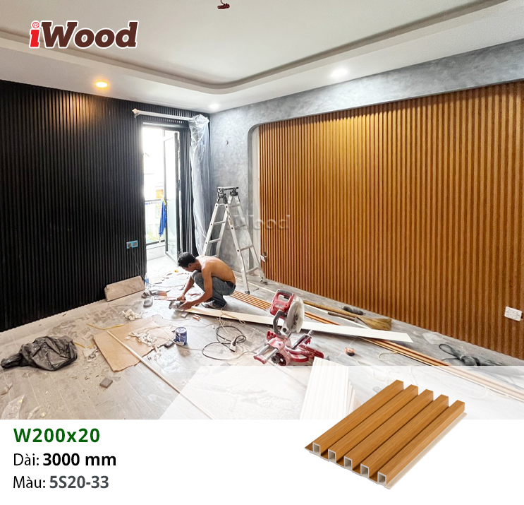 Tấm iWood W200x20-5S20-33 kết hợp tấm PVC giả xi măng
