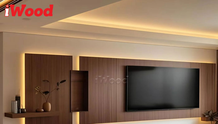 PVC Foam ứng dụng ốp kệ tivi không gian phòng khách đẹp mắt