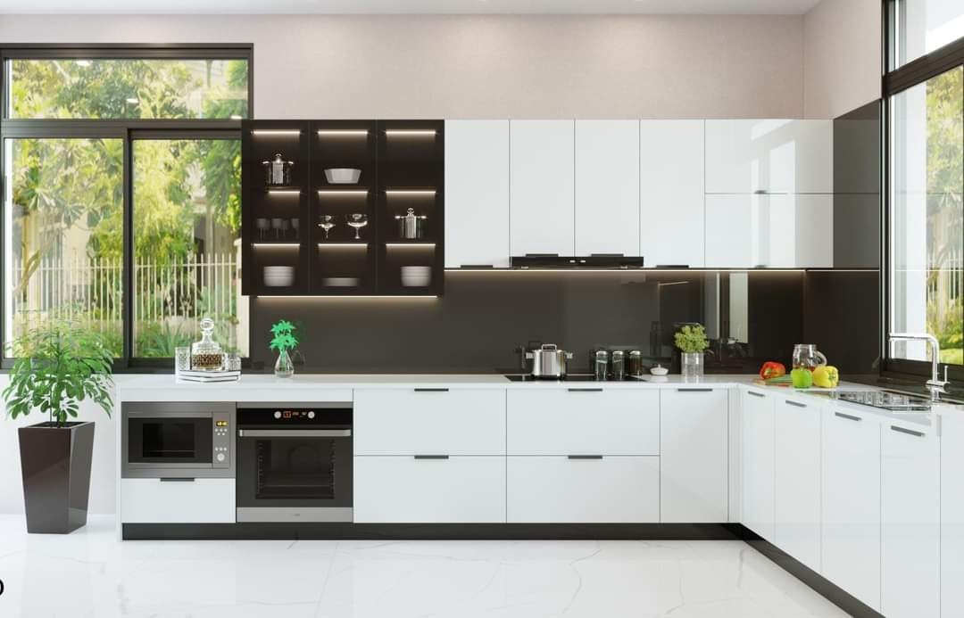 Tủ bếp chữ L làm bằng ván nhựa PVC iWood – bề mặt trắng bóng hiện đại