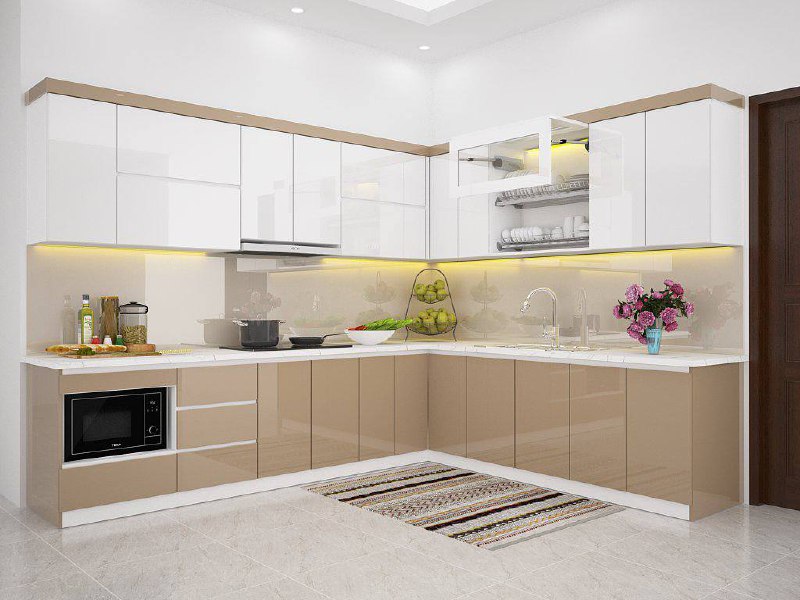 Tủ bếp ván nhựa PVC iWood màu trắng be bóng gương cao cấp