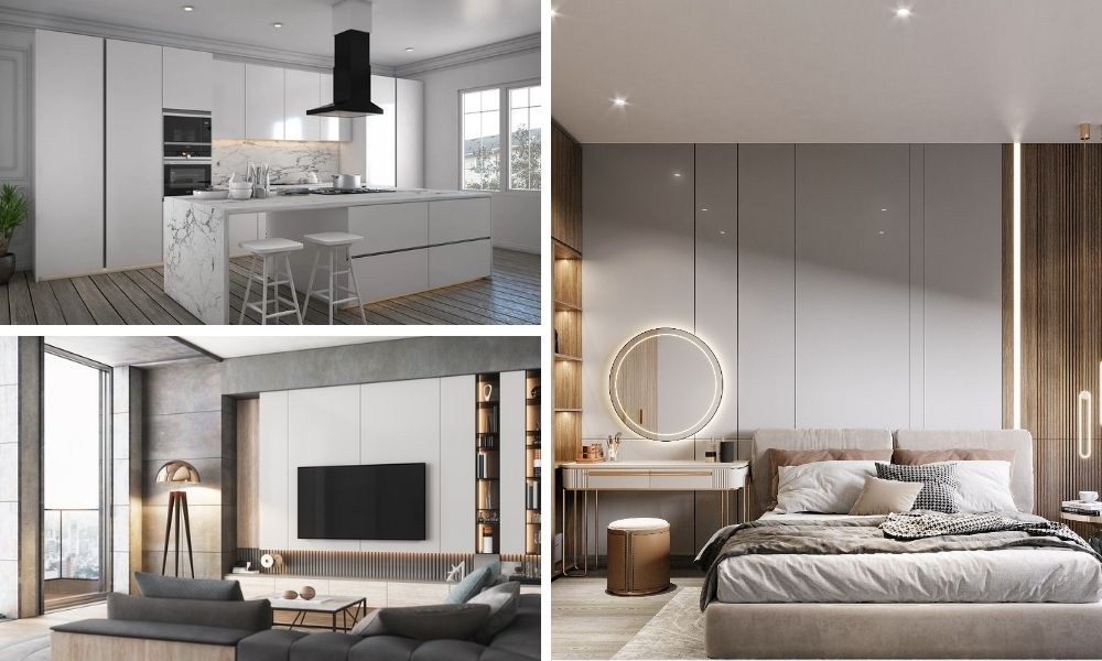 Ván nhựa PVC iWood ứng dụng trong 3 không gian: phòng bếp, phòng khách, phòng ngủ