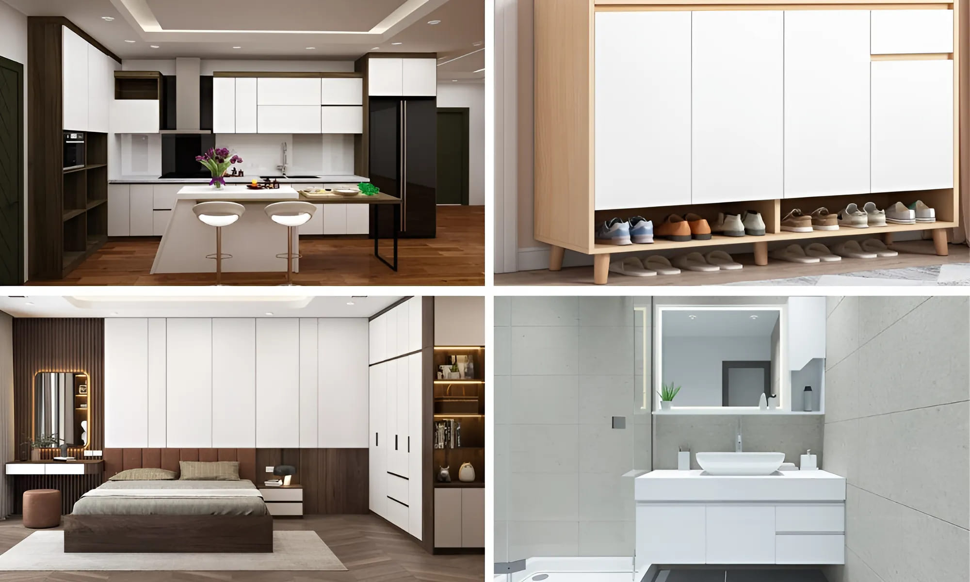 Ứng dụng ván nhựa PVC iWood trong nội thất: tủ bếp, tủ lavabo, tủ quần áo, tủ giày