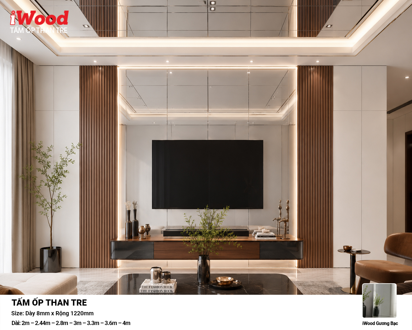 Tấm ốp than tre Film tráng gương bạc iWood GB