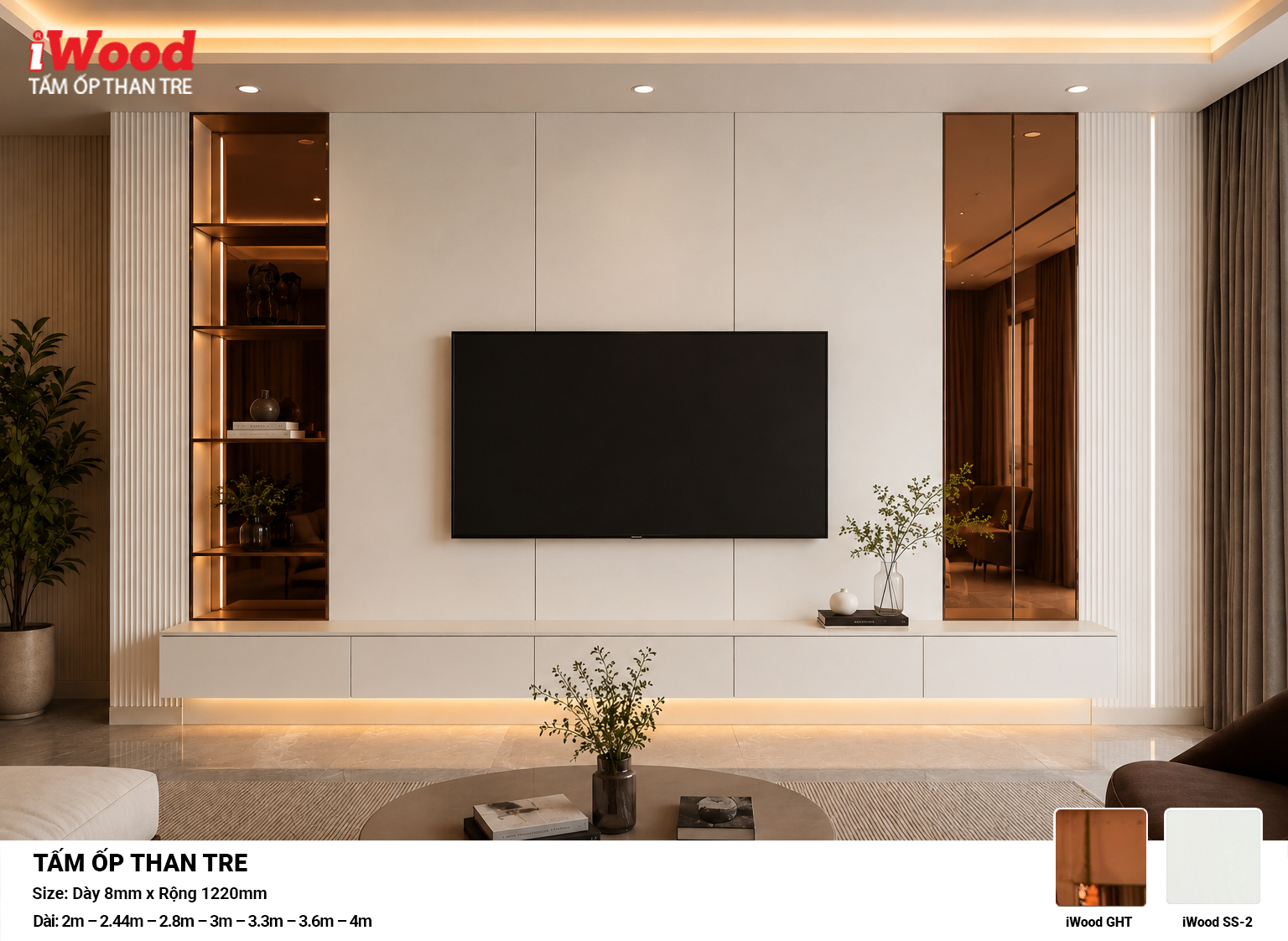 Tấm ốp than tre Film tráng gương hồng trà iWood GHT