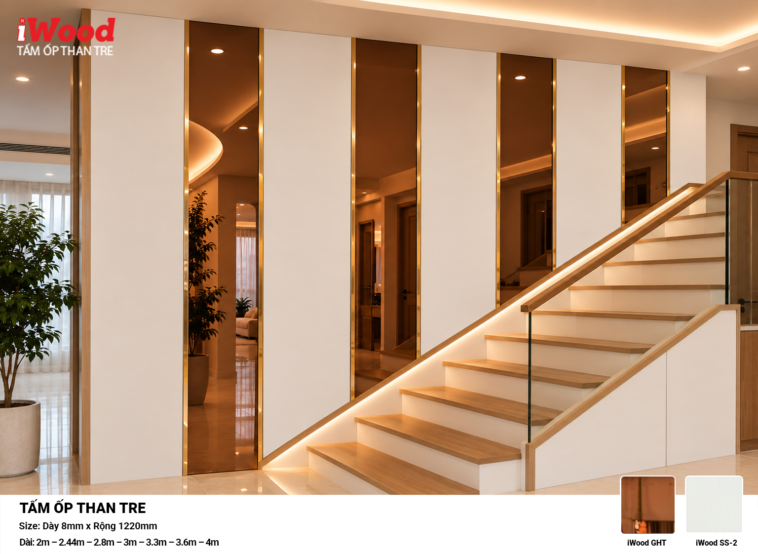 Tấm ốp than tre Film tráng gương hồng trà iWood GHT